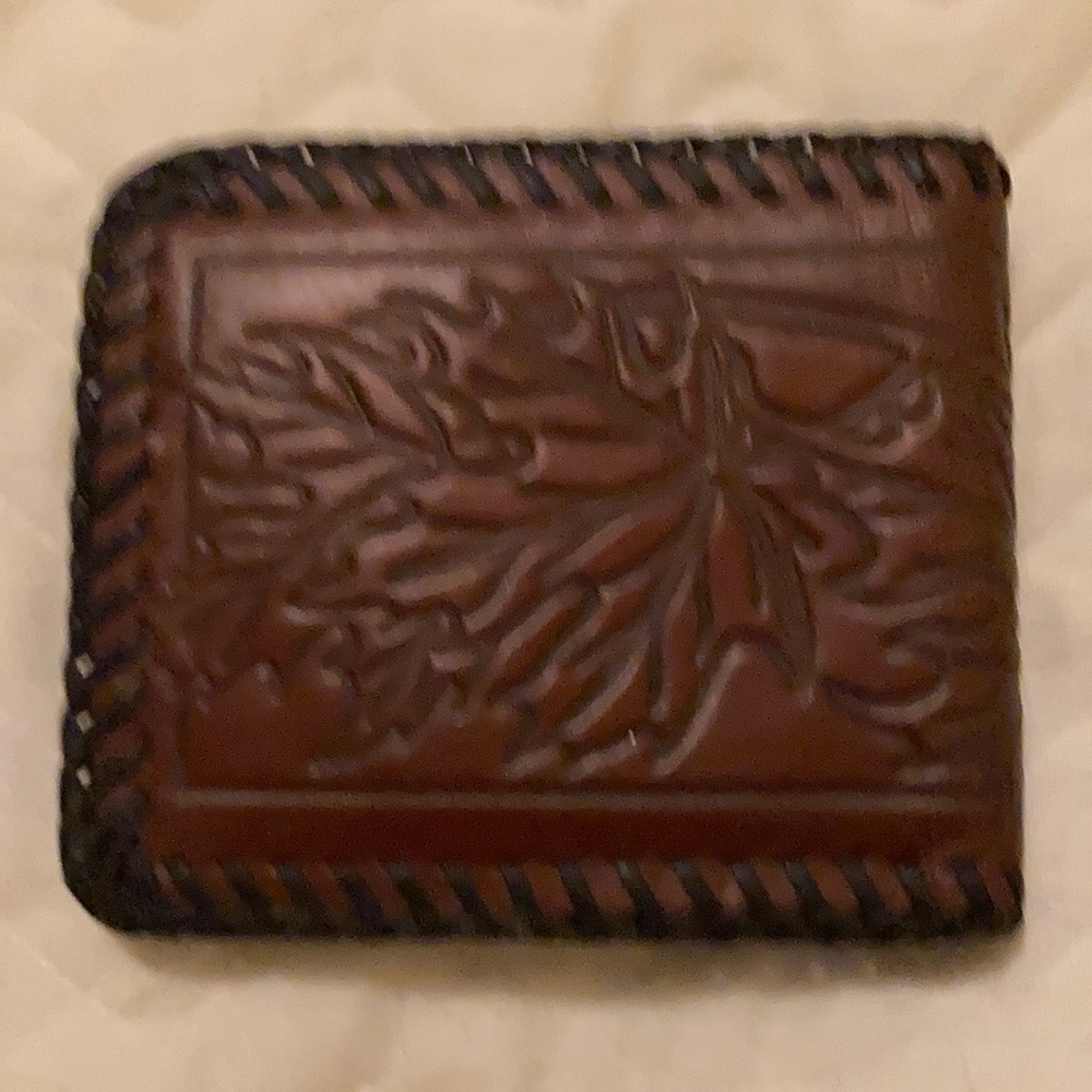 Tooled Leather Bi Fold Wallet Hand Stitched Vintage